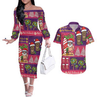 Hawaiian Christmas Couples Matching Off The Shoulder Long Sleeve Dress and Hawaiian Shirt - Mele Kalikimaka Island Holiday Vibes - Pink Purple LT03 Pink - Purple - Polynesian Pride