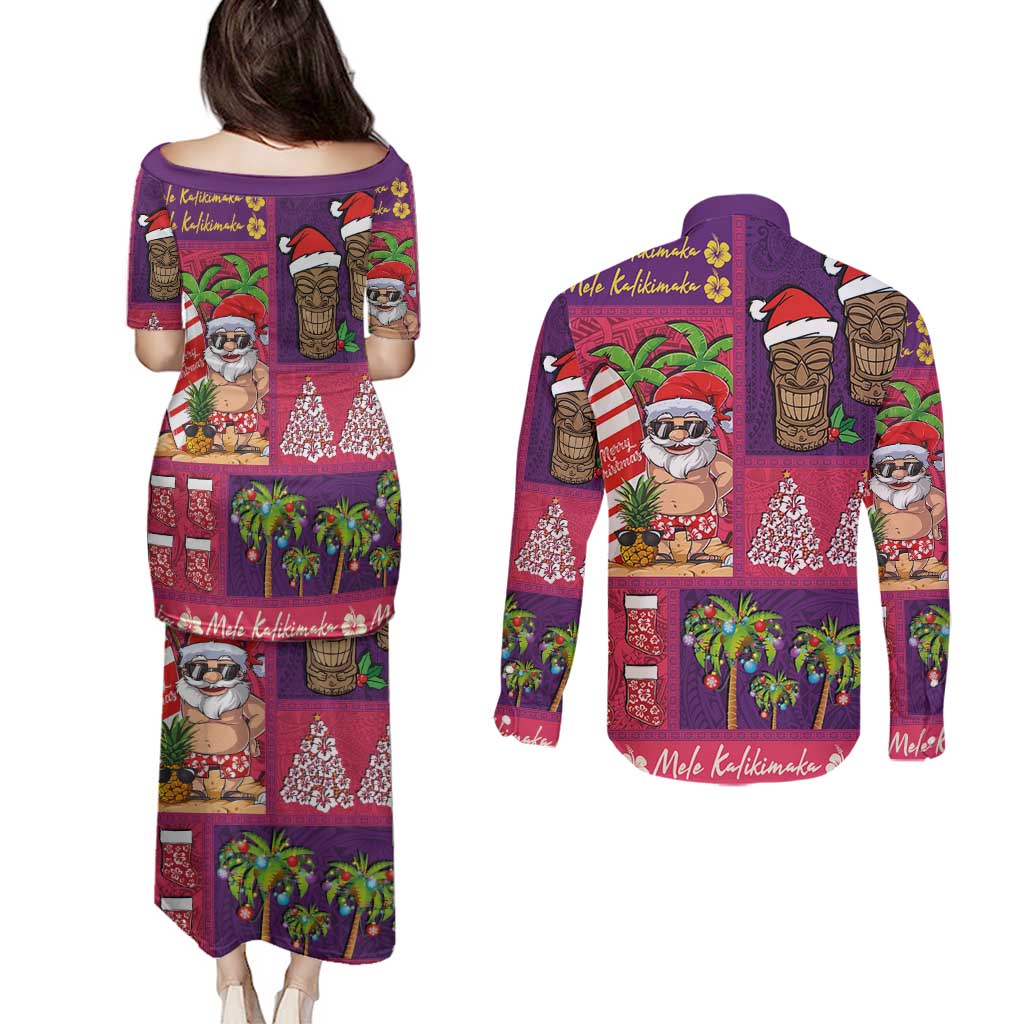 Hawaiian Christmas Couples Matching Puletasi and Long Sleeve Button Shirt - Mele Kalikimaka Island Holiday Vibes - Pink Purple LT03 - Polynesian Pride