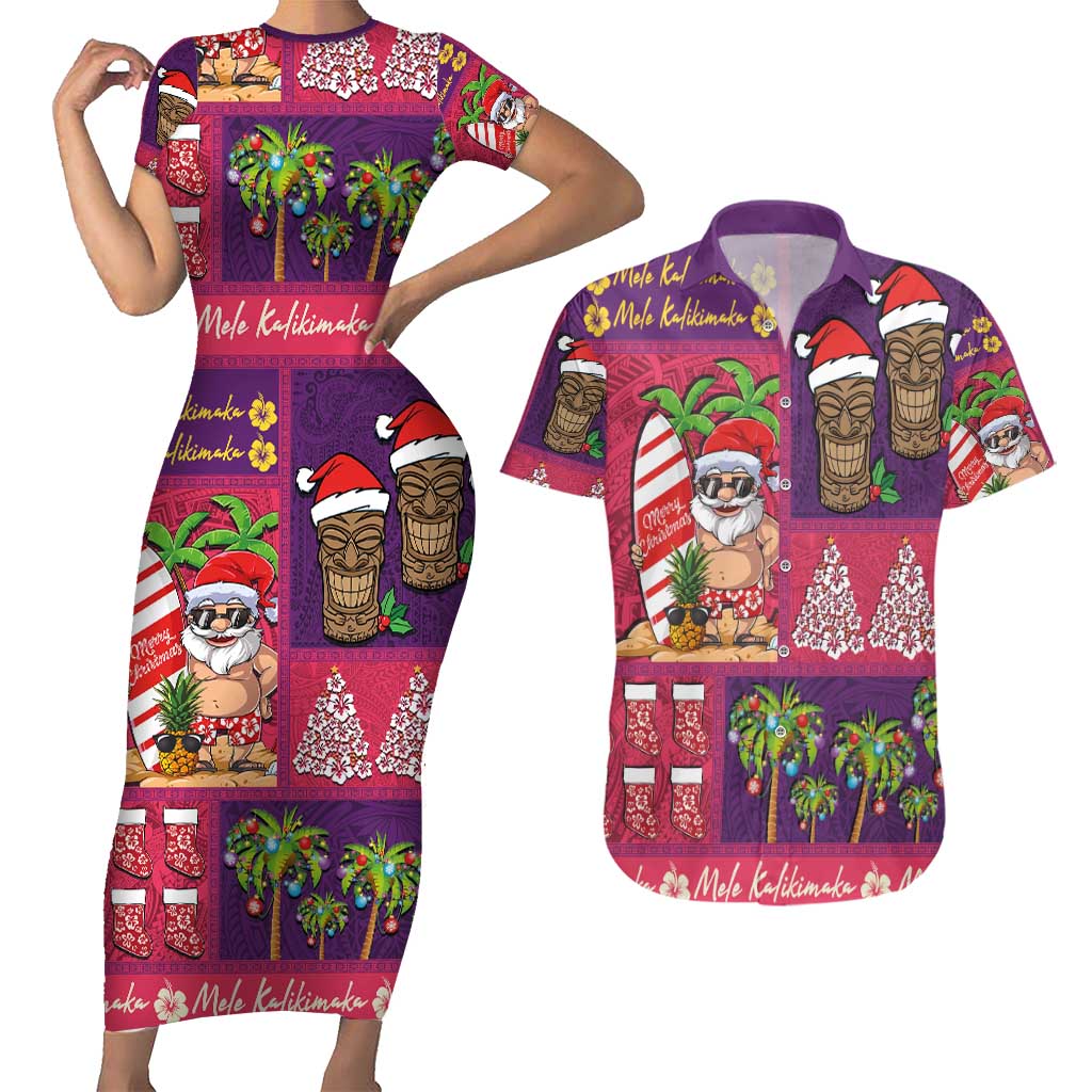 Hawaiian Christmas Couples Matching Short Sleeve Bodycon Dress and Hawaiian Shirt - Mele Kalikimaka Island Holiday Vibes - Pink Purple LT03 Pink - Purple - Polynesian Pride