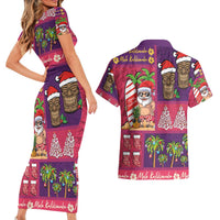 Hawaiian Christmas Couples Matching Short Sleeve Bodycon Dress and Hawaiian Shirt - Mele Kalikimaka Island Holiday Vibes - Pink Purple LT03 - Polynesian Pride