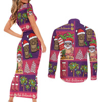 Hawaiian Christmas Couples Matching Short Sleeve Bodycon Dress and Long Sleeve Button Shirt - Mele Kalikimaka Island Holiday Vibes - Pink Purple LT03 - Polynesian Pride