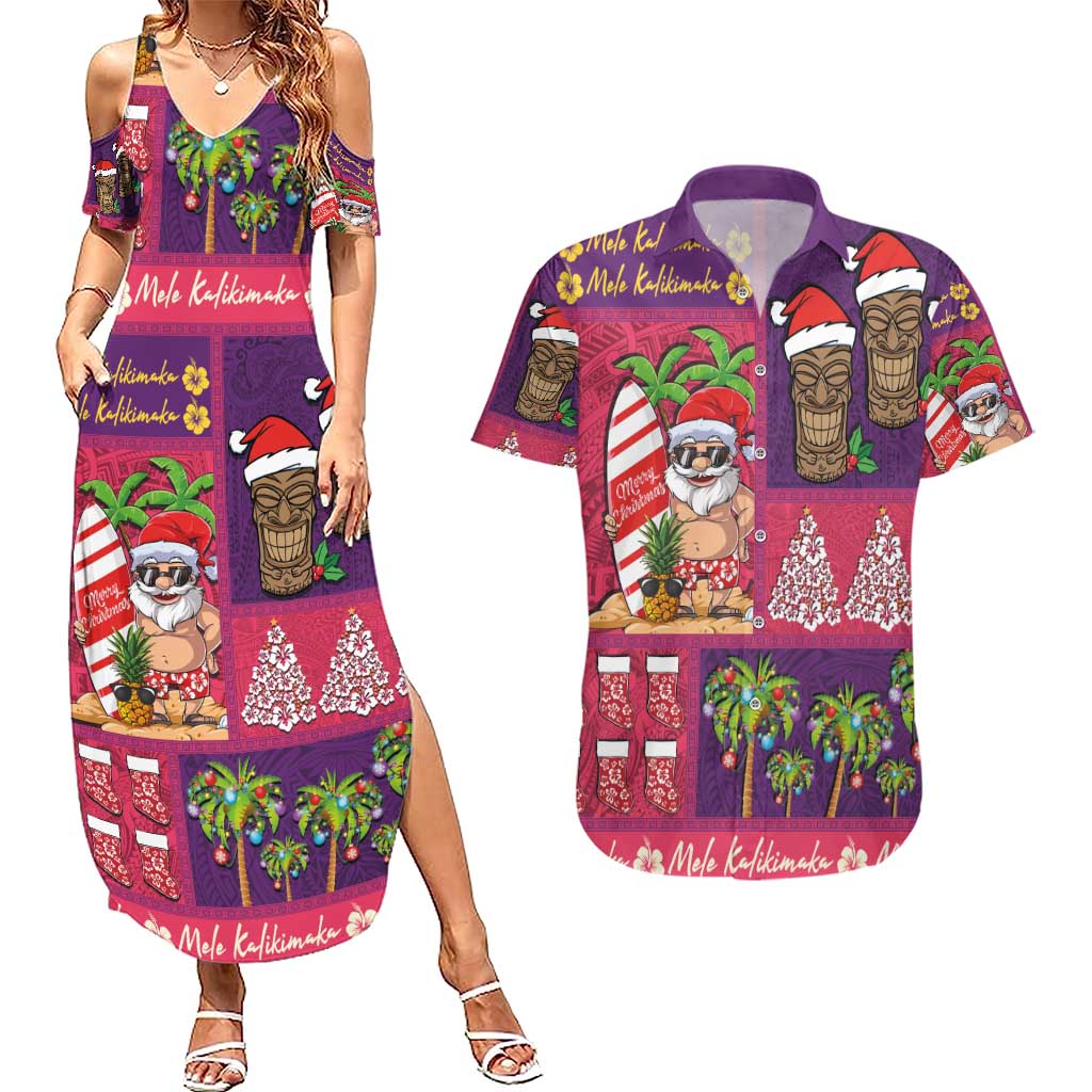 Hawaiian Christmas Couples Matching Summer Maxi Dress and Hawaiian Shirt - Mele Kalikimaka Island Holiday Vibes - Pink Purple LT03 Pink - Purple - Polynesian Pride
