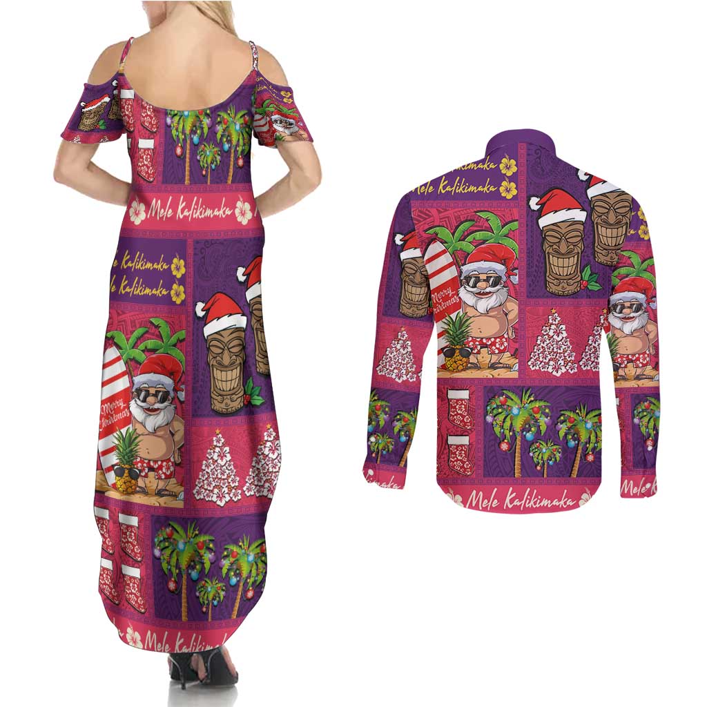 Hawaiian Christmas Couples Matching Summer Maxi Dress and Long Sleeve Button Shirt - Mele Kalikimaka Island Holiday Vibes - Pink Purple LT03 - Polynesian Pride