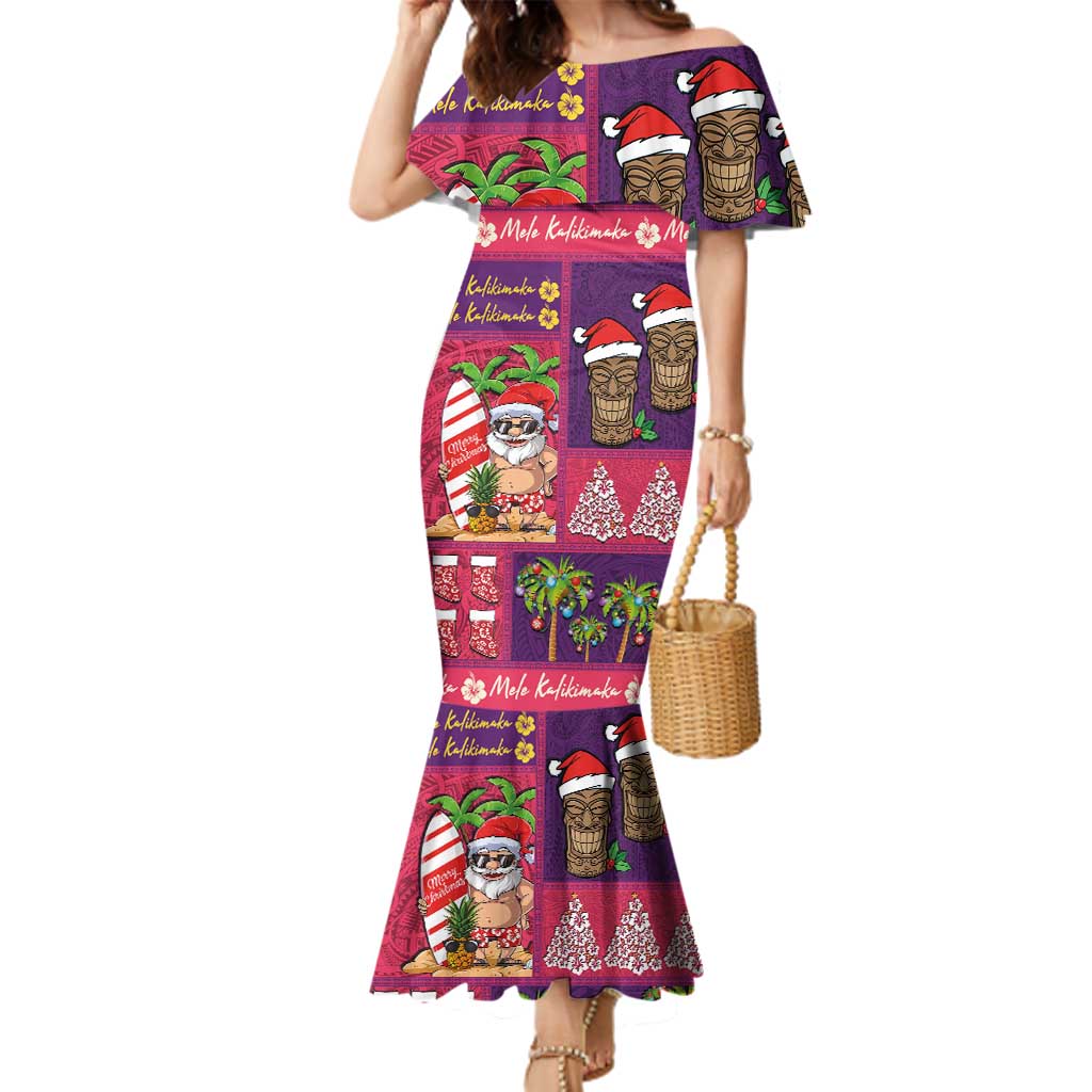 Hawaiian Christmas Family Matching Mermaid Dress and Hawaiian Shirt - Mele Kalikimaka Island Holiday Vibes - Pink Purple LT03 Mom's Dress Pink - Purple - Polynesian Pride