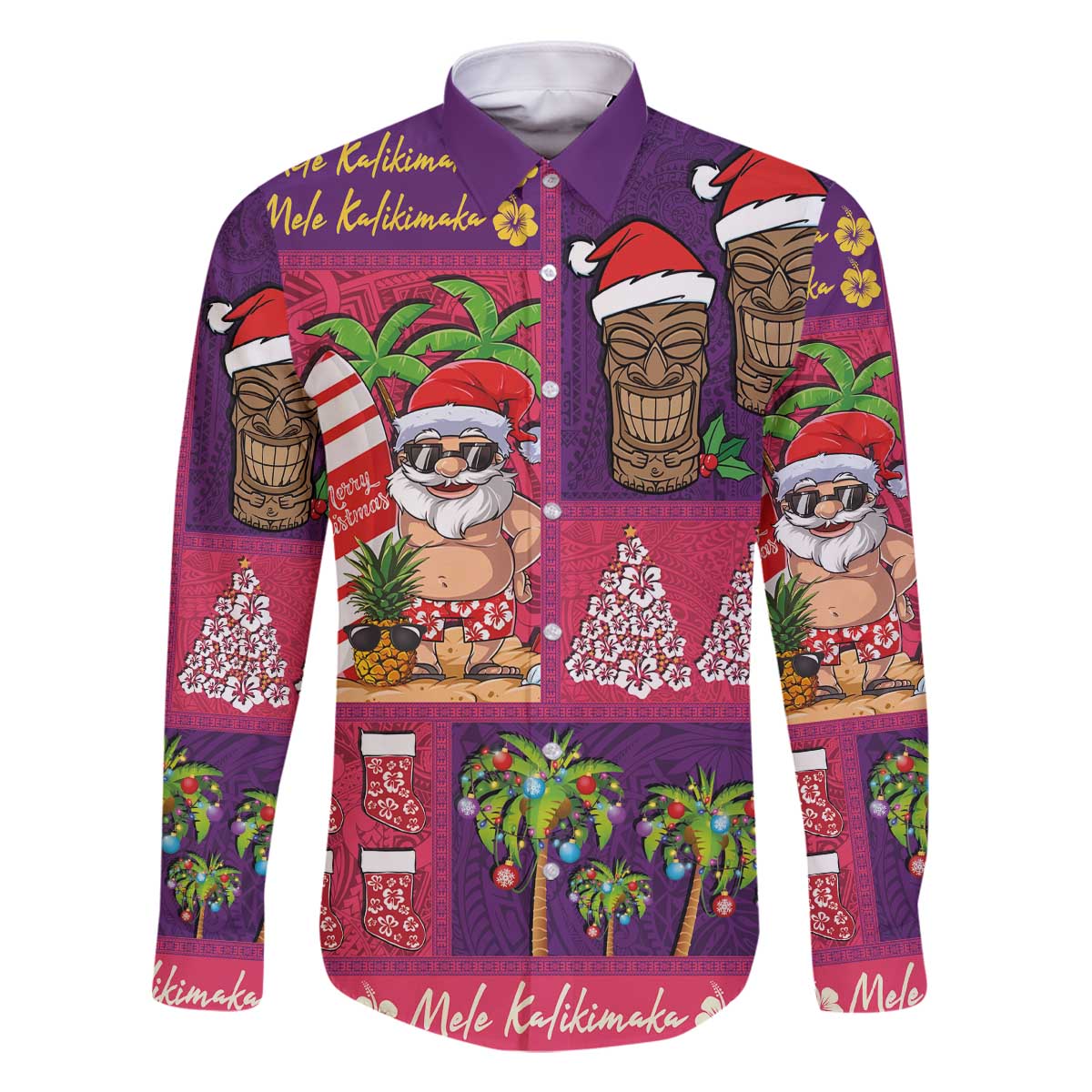 Hawaiian Christmas Family Matching Off The Shoulder Long Sleeve Dress and Hawaiian Shirt - Mele Kalikimaka Island Holiday Vibes - Pink Purple LT03 Dad's Shirt - Long Sleeve Pink - Purple - Polynesian Pride