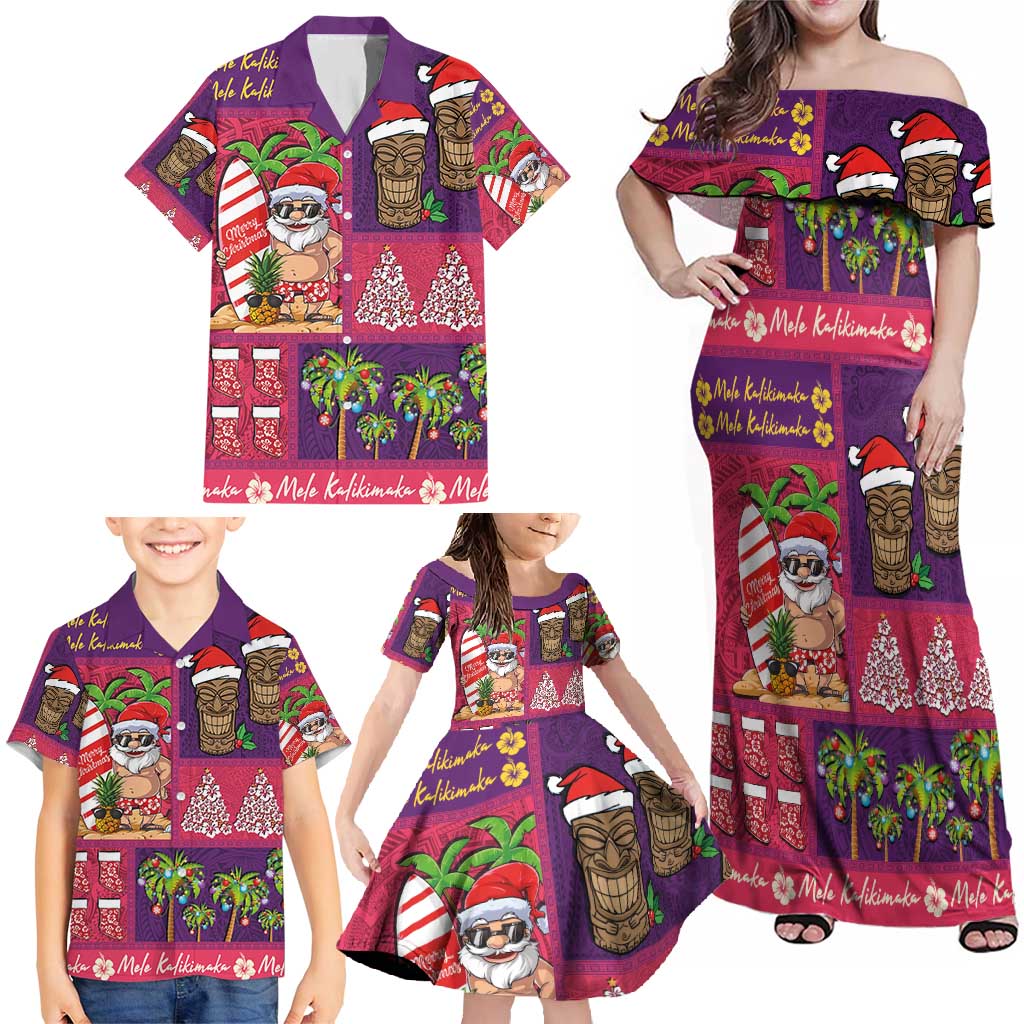 Hawaiian Christmas Family Matching Off Shoulder Maxi Dress and Hawaiian Shirt - Mele Kalikimaka Island Holiday Vibes - Pink Purple LT03 - Polynesian Pride