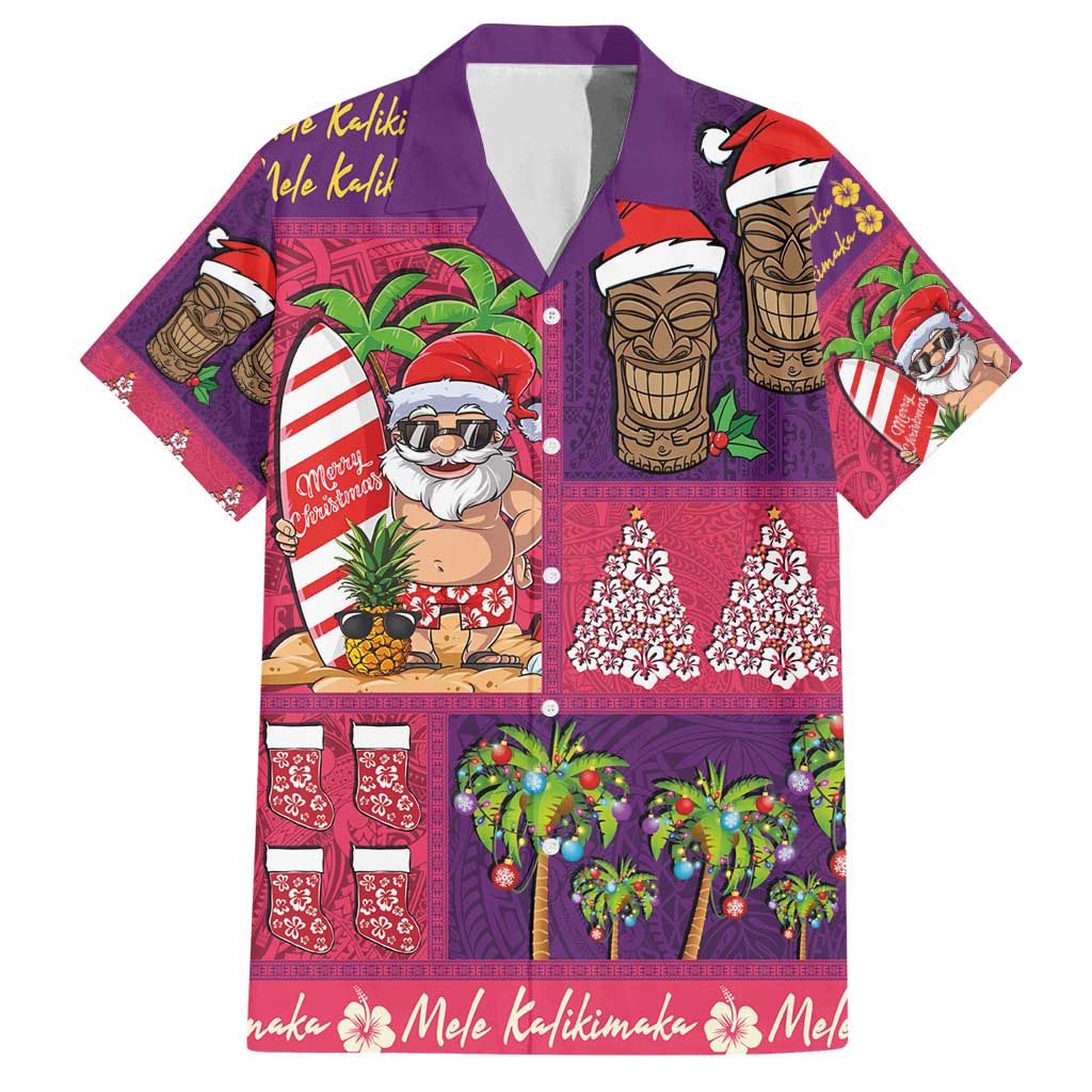 Hawaiian Christmas Family Matching Off Shoulder Maxi Dress and Hawaiian Shirt - Mele Kalikimaka Island Holiday Vibes - Pink Purple LT03 Dad's Shirt - Short Sleeve Pink - Purple - Polynesian Pride
