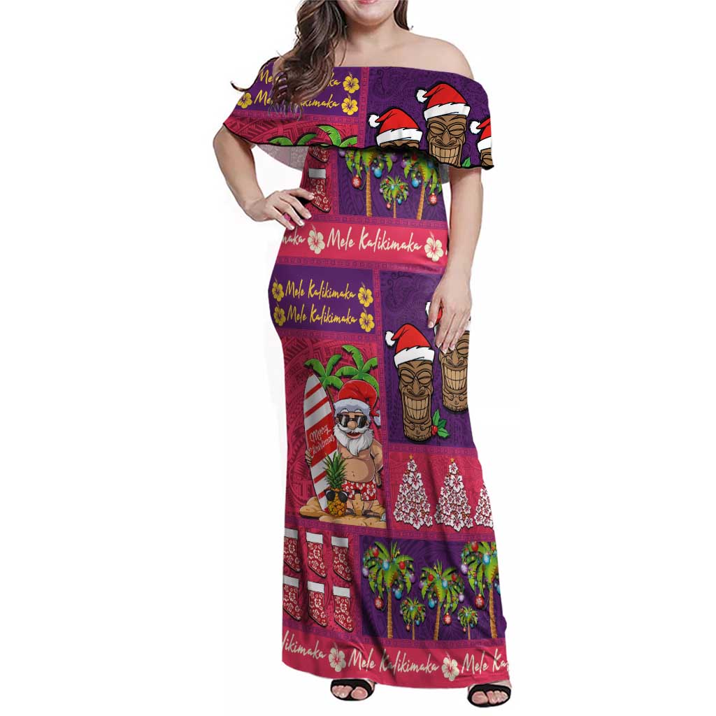 Hawaiian Christmas Family Matching Off Shoulder Maxi Dress and Hawaiian Shirt - Mele Kalikimaka Island Holiday Vibes - Pink Purple LT03 Mom's Dress Pink - Purple - Polynesian Pride