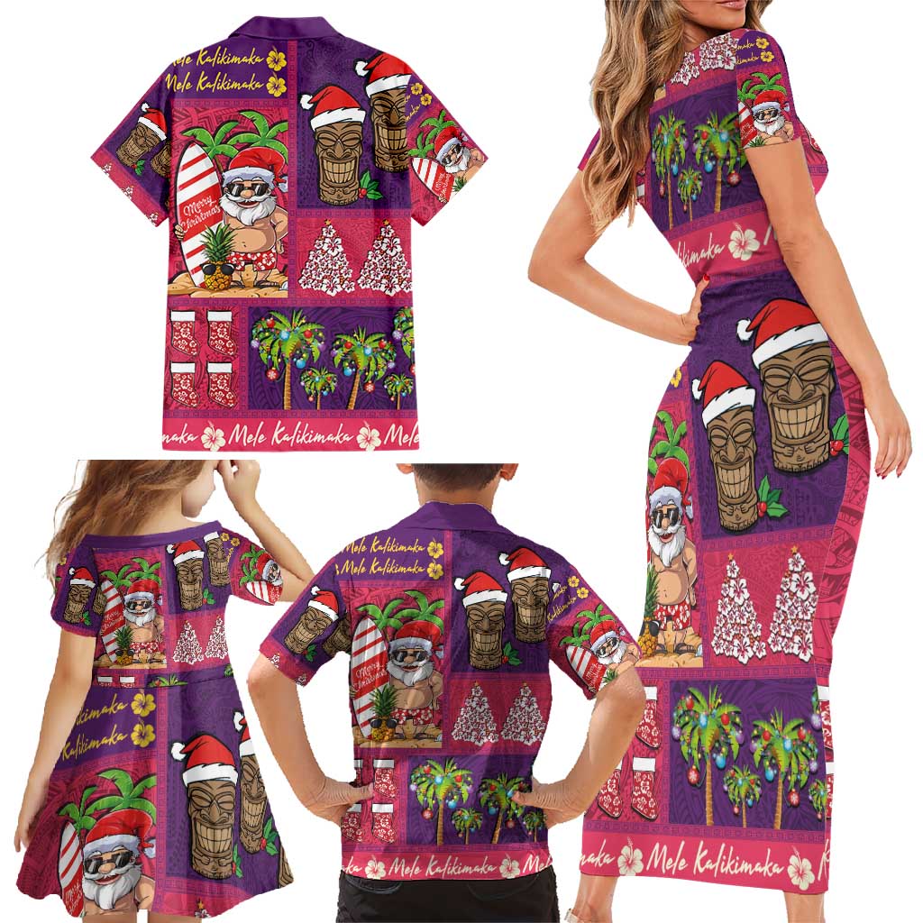 Hawaiian Christmas Family Matching Short Sleeve Bodycon Dress and Hawaiian Shirt - Mele Kalikimaka Island Holiday Vibes - Pink Purple LT03 - Polynesian Pride