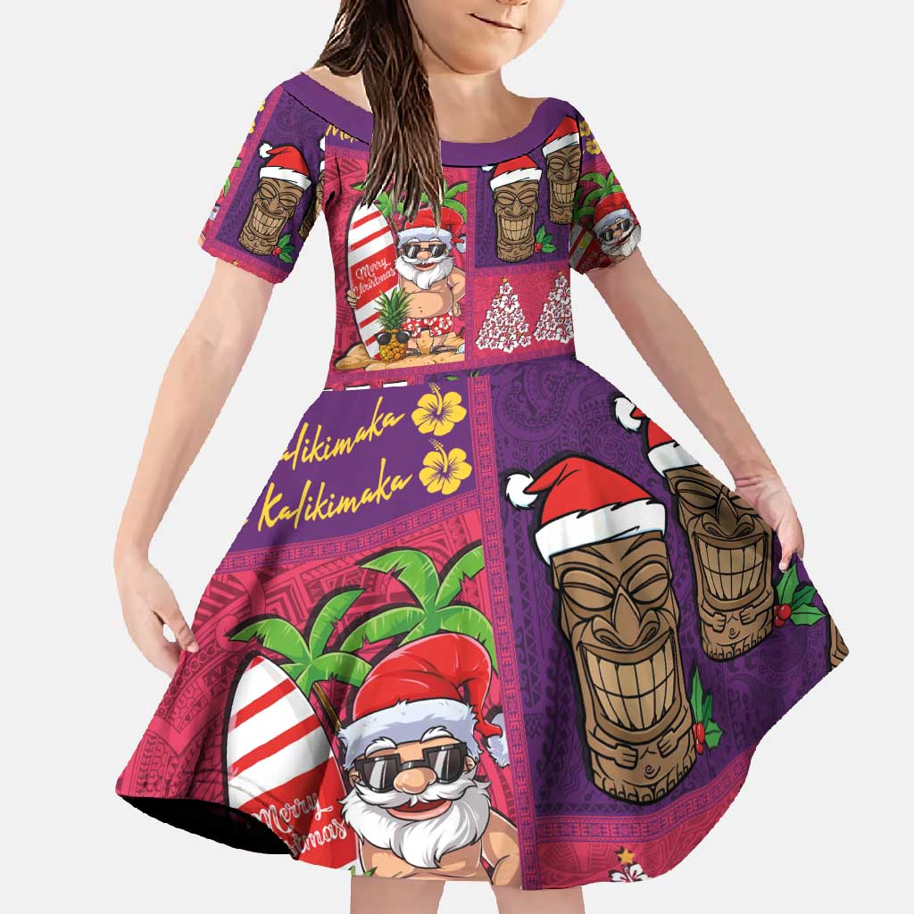 Hawaiian Christmas Family Matching Tank Maxi Dress and Hawaiian Shirt - Mele Kalikimaka Island Holiday Vibes - Pink Purple LT03 Daughter's Dress Pink - Purple - Polynesian Pride