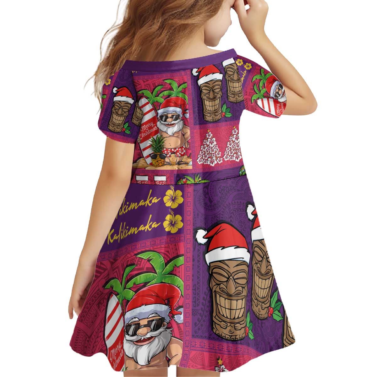 Hawaiian Christmas Kid Short Sleeve Dress - Mele Kalikimaka Island Holiday Vibes - Pink Purple LT03 - Polynesian Pride