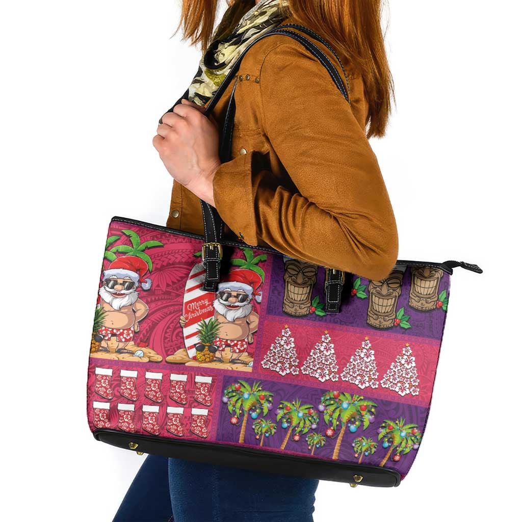 Hawaiian Christmas Leather Tote Bag - Mele Kalikimaka Island Holiday Vibes - Pink Purple LT03 Pink - Purple - Polynesian Pride