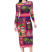 Hawaiian Christmas Long Sleeve Bodycon Dress - Mele Kalikimaka Island Holiday Vibes - Pink Purple LT03 Long Dress Pink - Purple - Polynesian Pride