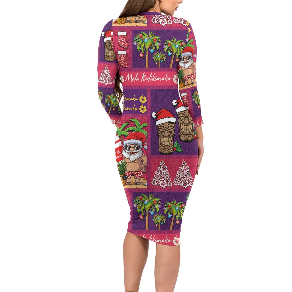 Hawaiian Christmas Long Sleeve Bodycon Dress - Mele Kalikimaka Island Holiday Vibes - Pink Purple LT03 - Polynesian Pride