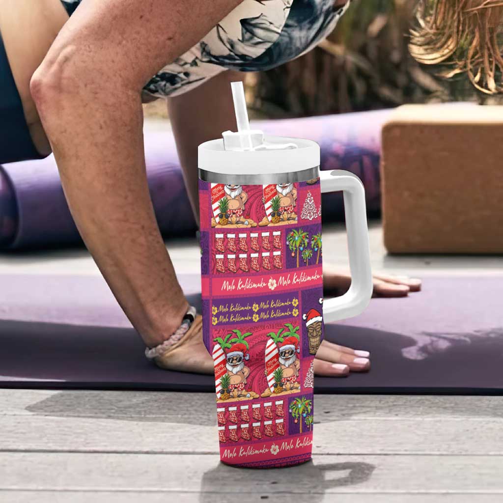 Hawaiian Christmas Tumbler With Handle - Mele Kalikimaka Island Holiday Vibes - Pink Purple