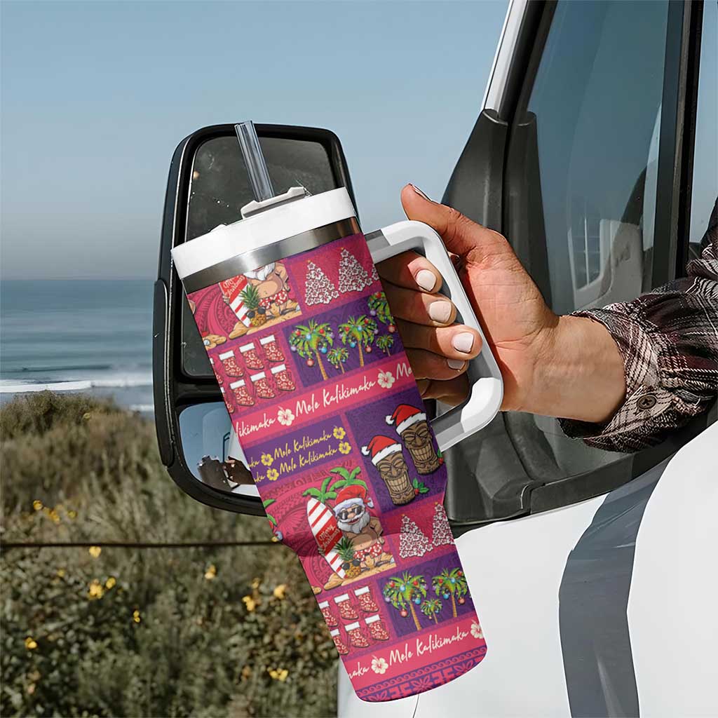 Hawaiian Christmas Tumbler With Handle - Mele Kalikimaka Island Holiday Vibes - Pink Purple