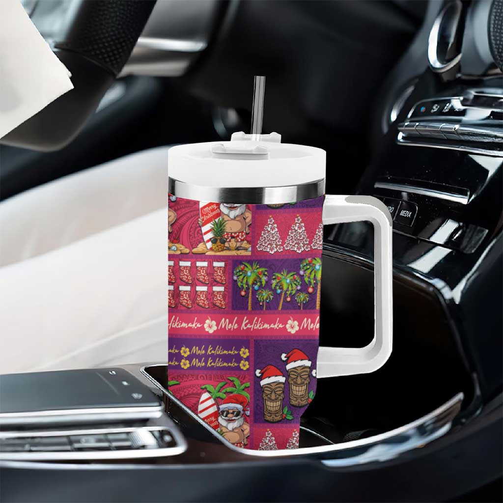 Hawaiian Christmas Tumbler With Handle - Mele Kalikimaka Island Holiday Vibes - Pink Purple