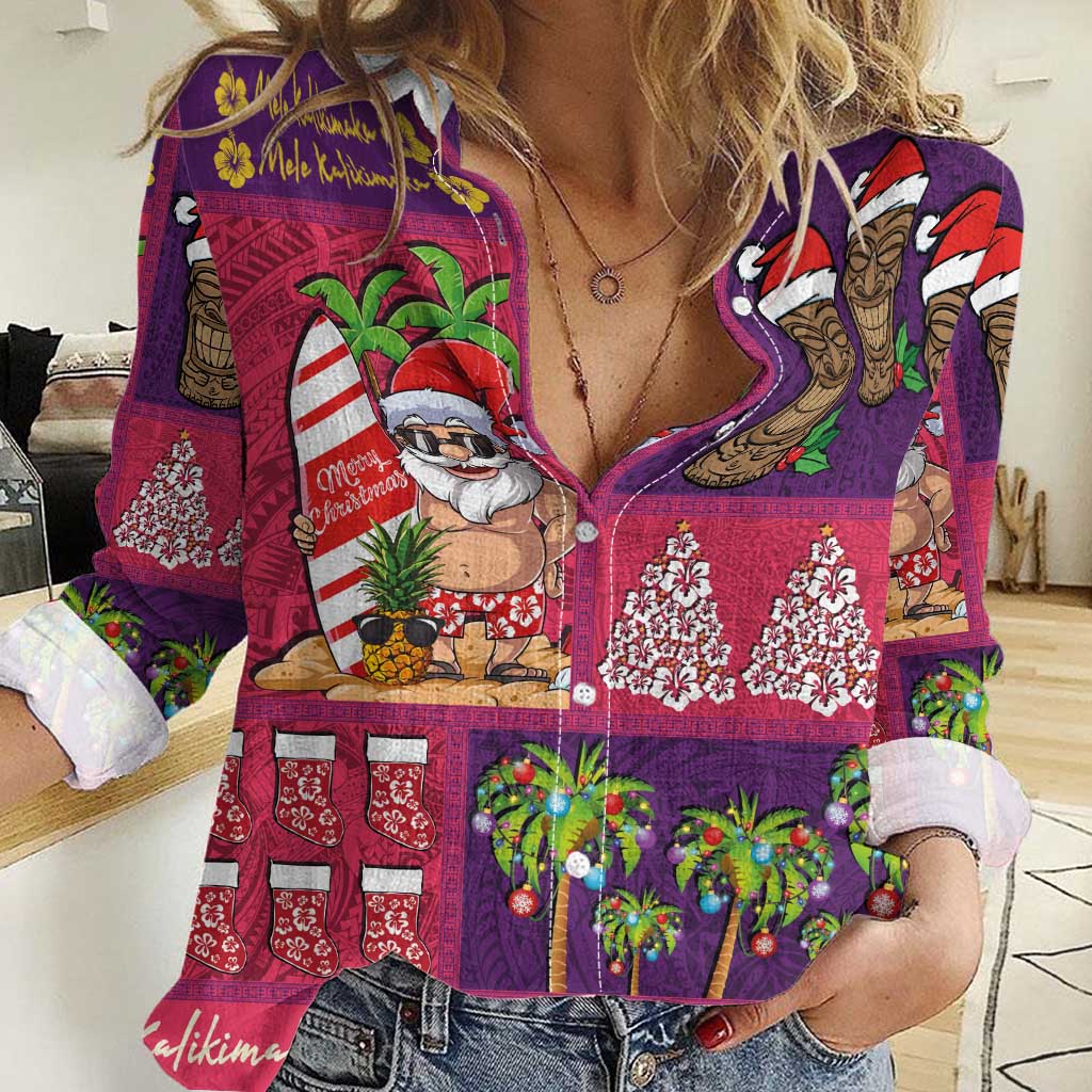 Hawaiian Christmas Women Casual Shirt - Mele Kalikimaka Island Holiday Vibes - Pink Purple LT03 Female Pink - Purple - Polynesian Pride