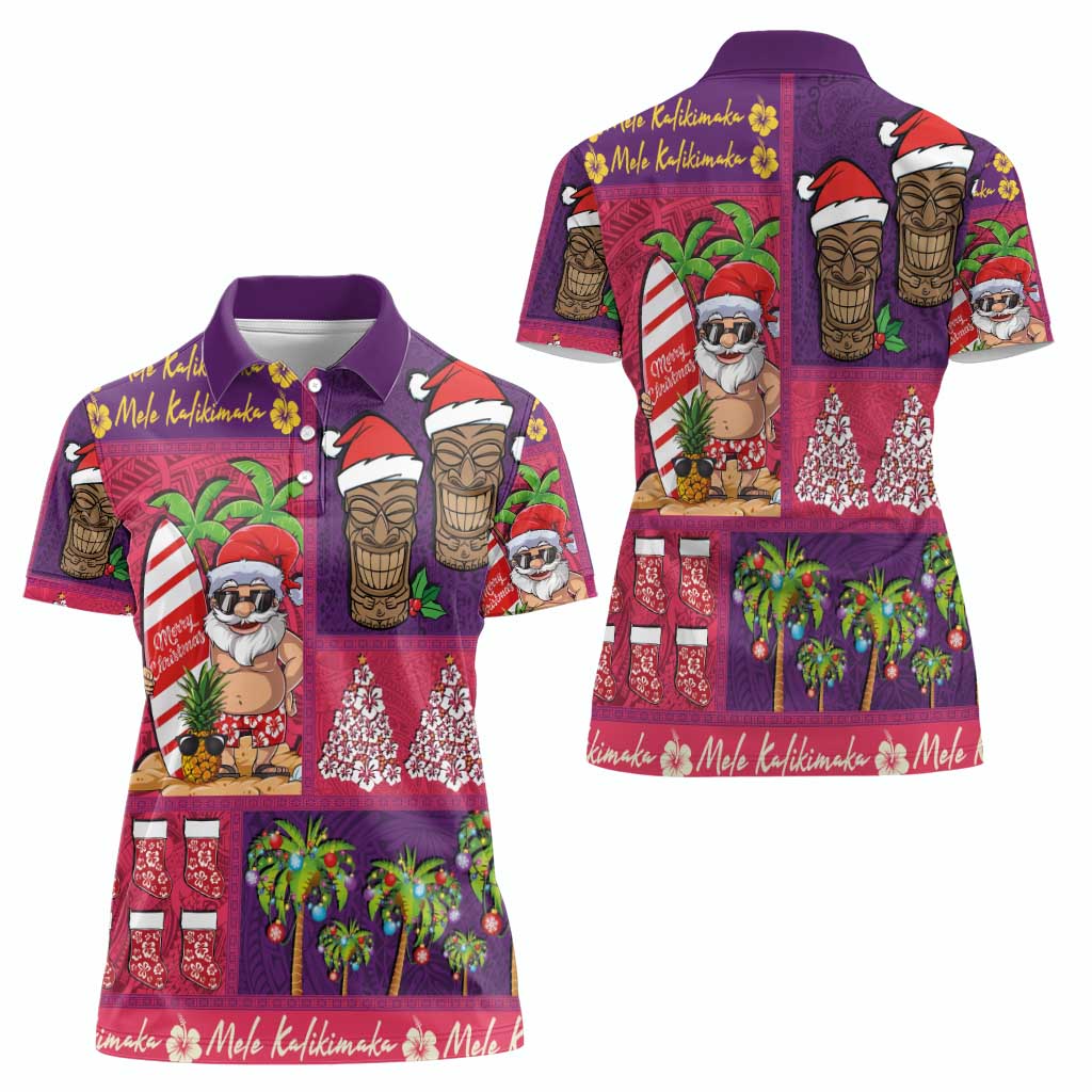 Hawaiian Christmas Women Polo Shirt - Mele Kalikimaka Island Holiday Vibes - Pink Purple LT03 - Polynesian Pride