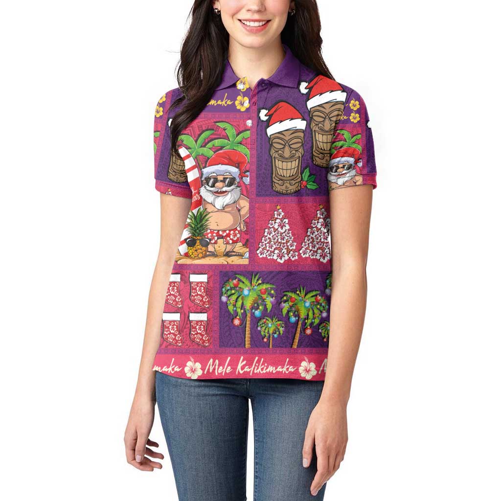 Hawaiian Christmas Women Polo Shirt - Mele Kalikimaka Island Holiday Vibes - Pink Purple LT03 - Polynesian Pride