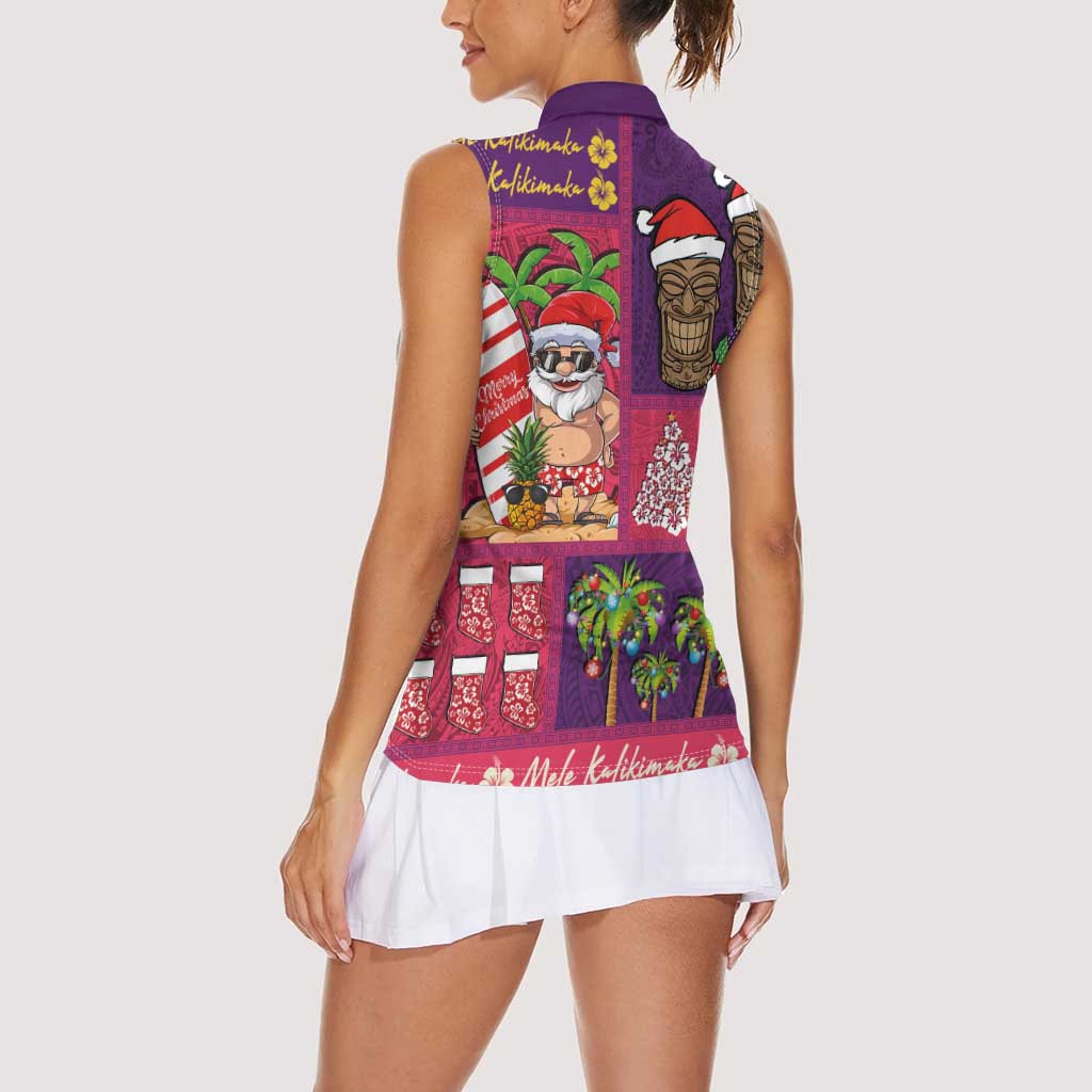 Hawaiian Christmas Women Sleeveless Polo Shirt - Mele Kalikimaka Island Holiday Vibes - Pink Purple LT03 - Polynesian Pride