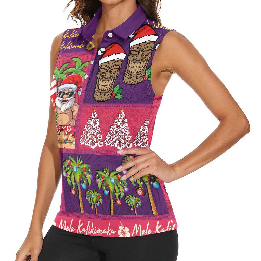 Hawaiian Christmas Women Sleeveless Polo Shirt - Mele Kalikimaka Island Holiday Vibes - Pink Purple LT03 - Polynesian Pride