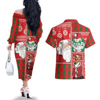 Australian Christmas Couples Matching Off The Shoulder Long Sleeve Dress and Hawaiian Shirt - Santa Koala Kangaroo and Holiday Cheer LT03 - Polynesian Pride