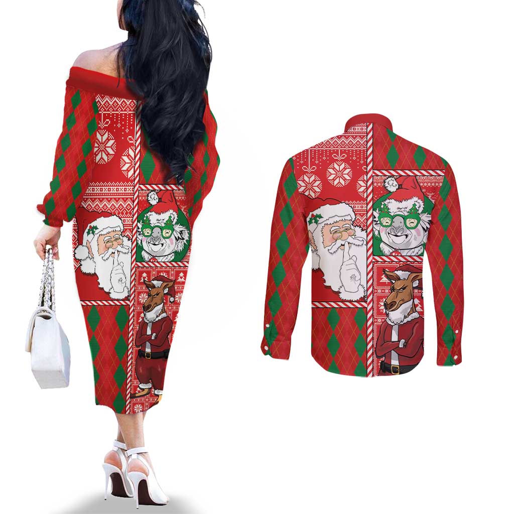 Australian Christmas Couples Matching Off The Shoulder Long Sleeve Dress and Long Sleeve Button Shirt - Santa Koala Kangaroo and Holiday Cheer