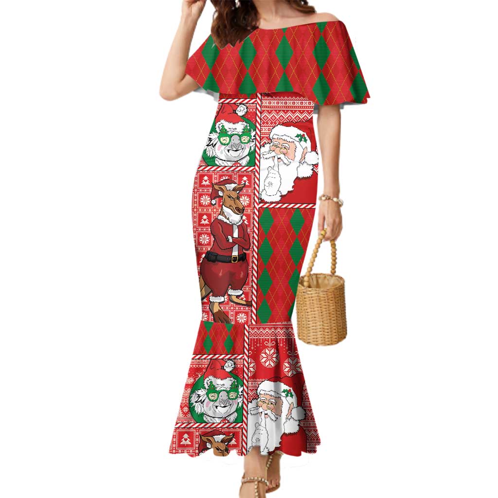 Australian Christmas Family Matching Mermaid Dress and Hawaiian Shirt - Santa Koala Kangaroo and Holiday Cheer LT03 Mom's Dress Red - Polynesian Pride