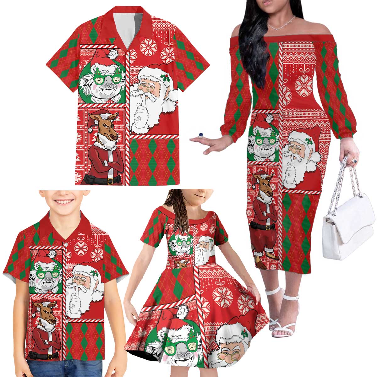 Australian Christmas Family Matching Off The Shoulder Long Sleeve Dress and Hawaiian Shirt - Santa Koala Kangaroo and Holiday Cheer LT03 - Polynesian Pride