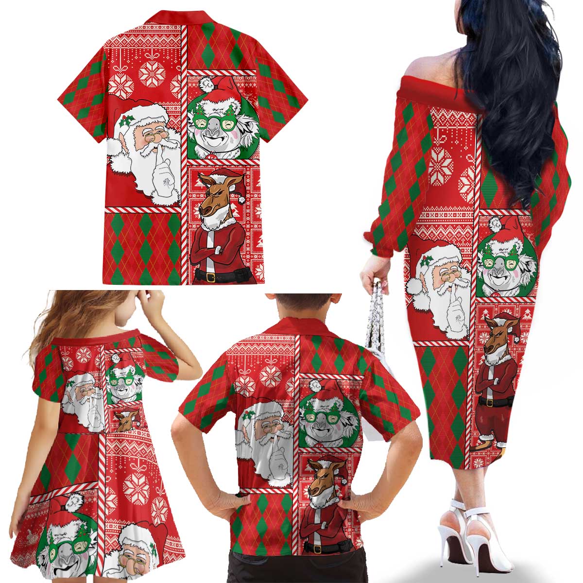 Australian Christmas Family Matching Off The Shoulder Long Sleeve Dress and Hawaiian Shirt - Santa Koala Kangaroo and Holiday Cheer LT03 - Polynesian Pride