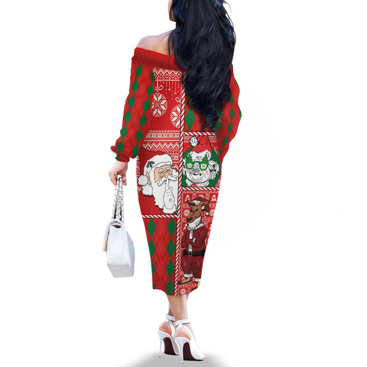 Australian Christmas Family Matching Off The Shoulder Long Sleeve Dress and Hawaiian Shirt - Santa Koala Kangaroo and Holiday Cheer LT03 - Polynesian Pride