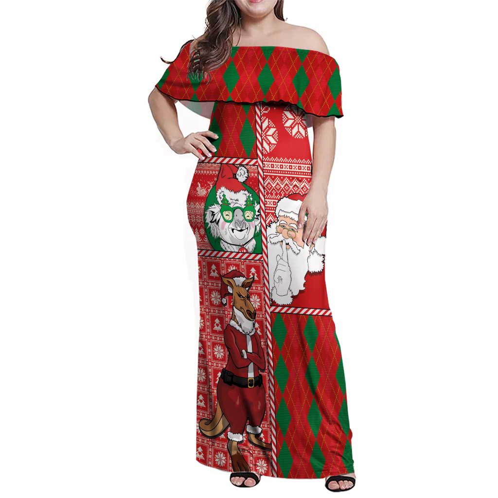Australian Christmas Family Matching Off Shoulder Maxi Dress and Hawaiian Shirt - Santa Koala Kangaroo and Holiday Cheer LT03 Mom's Dress Red - Polynesian Pride