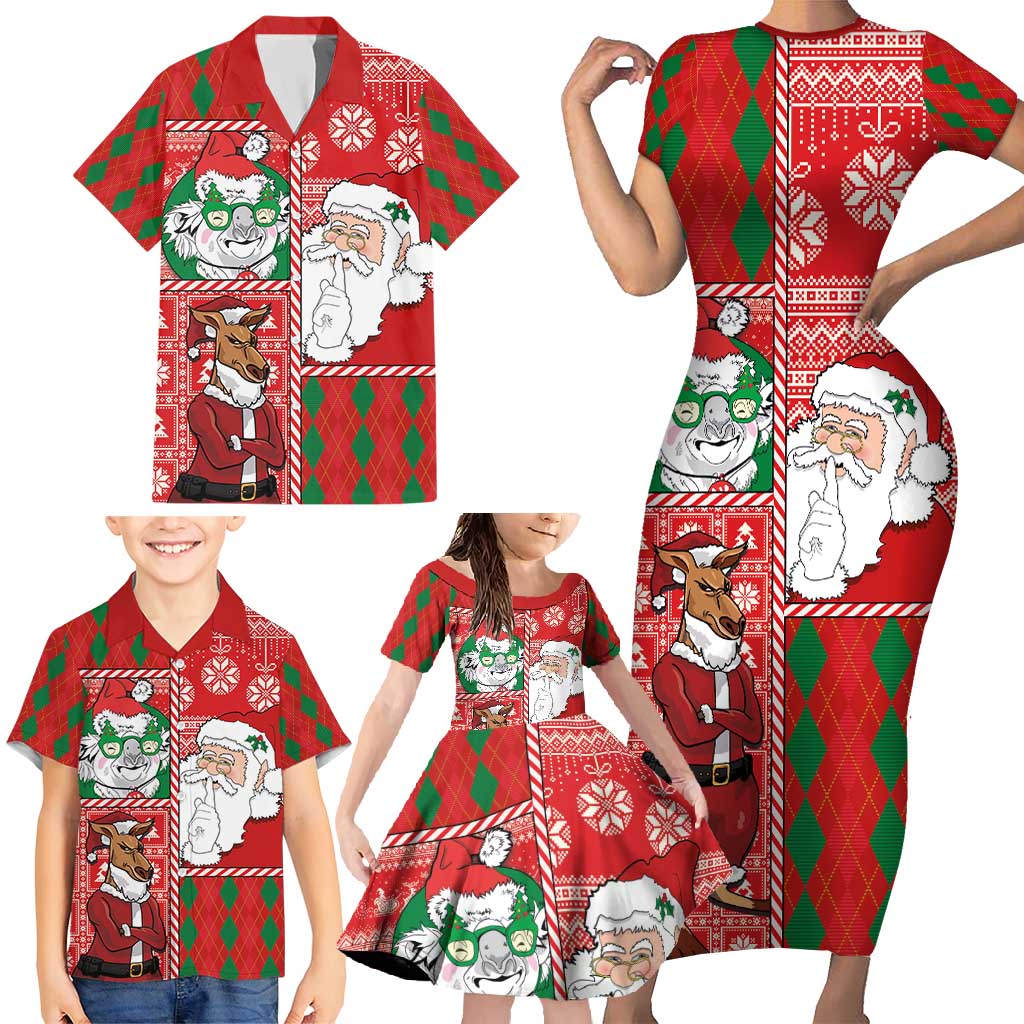 Australian Christmas Family Matching Short Sleeve Bodycon Dress and Hawaiian Shirt - Santa Koala Kangaroo and Holiday Cheer LT03 - Polynesian Pride