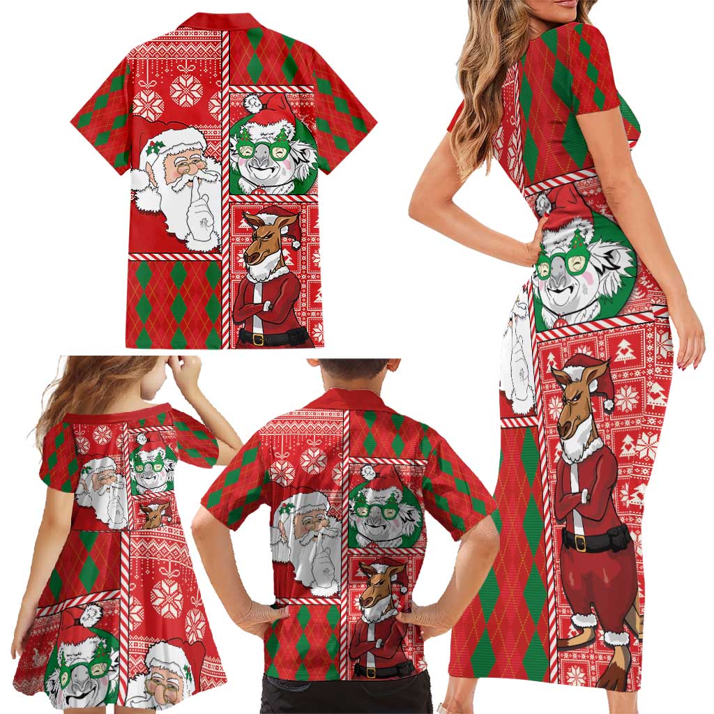 Australian Christmas Family Matching Short Sleeve Bodycon Dress and Hawaiian Shirt - Santa Koala Kangaroo and Holiday Cheer LT03 - Polynesian Pride