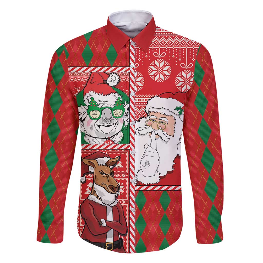 Australian Christmas Family Matching Summer Maxi Dress and Hawaiian Shirt - Santa Koala Kangaroo and Holiday Cheer LT03 Dad's Shirt - Long Sleeve Red - Polynesian Pride