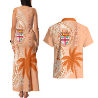 Bula Fiji Couples Matching Tank Maxi Dress and Hawaiian Shirt Tropical Flower and Tapa Pattern Peach Fuzz Color LT03 - Polynesian Pride