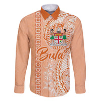 Bula Fiji Family Matching Off Shoulder Short Dress and Hawaiian Shirt Tropical Flower and Tapa Pattern Peach Fuzz Color LT03 Dad's Shirt - Long Sleeve Peach Fuzz - Polynesian Pride