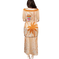 Bula Fiji Family Matching Puletasi Dress and Hawaiian Shirt Tropical Flower and Tapa Pattern Peach Fuzz Color LT03 - Polynesian Pride