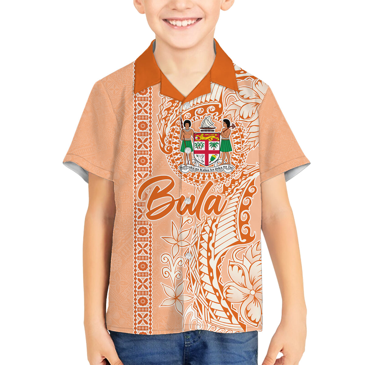 Bula Fiji Family Matching Puletasi Dress and Hawaiian Shirt Tropical Flower and Tapa Pattern Peach Fuzz Color LT03 Son's Shirt Peach Fuzz - Polynesian Pride