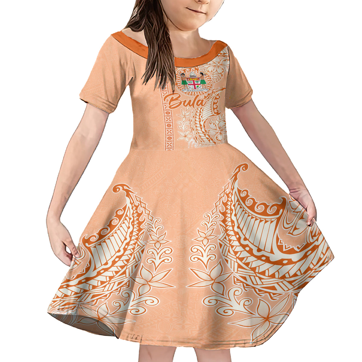 Bula Fiji Family Matching Short Sleeve Bodycon Dress and Hawaiian Shirt Tropical Flower and Tapa Pattern Peach Fuzz Color LT03 Daughter's Dress Peach Fuzz - Polynesian Pride