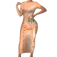 Bula Fiji Family Matching Short Sleeve Bodycon Dress and Hawaiian Shirt Tropical Flower and Tapa Pattern Peach Fuzz Color LT03 Mom's Dress Peach Fuzz - Polynesian Pride