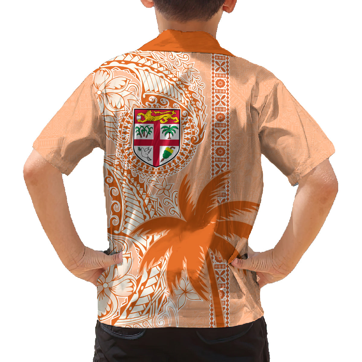 Bula Fiji Family Matching Tank Maxi Dress and Hawaiian Shirt Tropical Flower and Tapa Pattern Peach Fuzz Color LT03 - Polynesian Pride