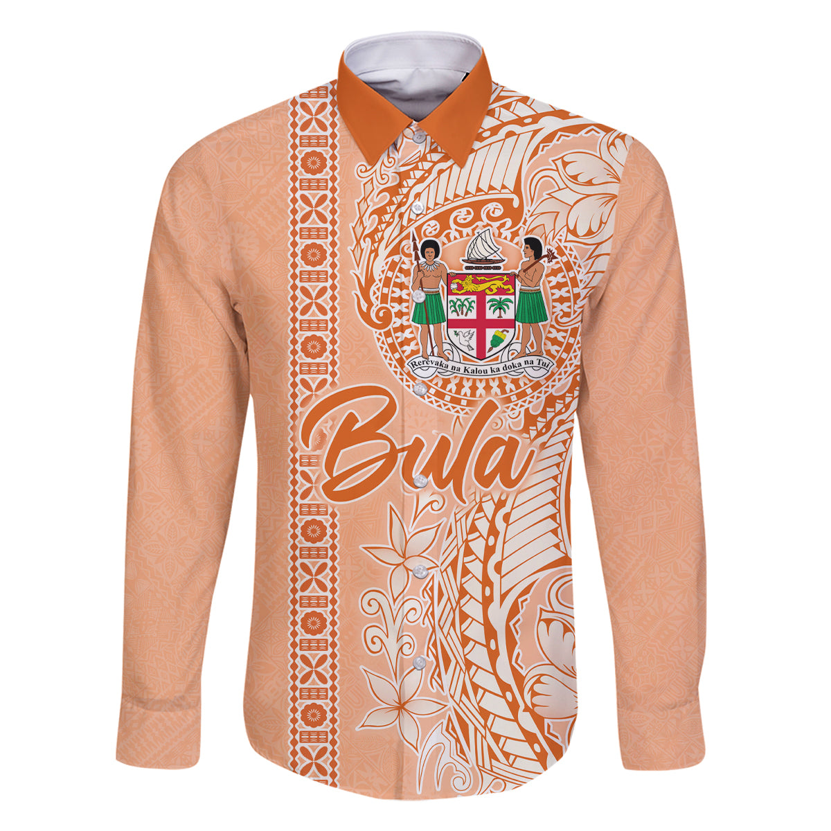 Bula Fiji Family Matching Tank Maxi Dress and Hawaiian Shirt Tropical Flower and Tapa Pattern Peach Fuzz Color LT03 Dad's Shirt - Long Sleeve Peach Fuzz - Polynesian Pride