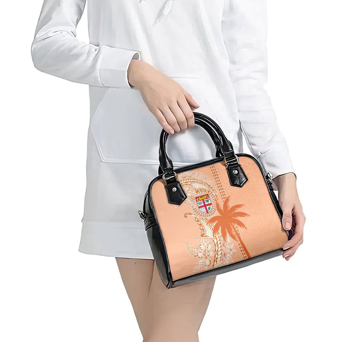 Bula Fiji Shoulder Handbag Tropical Flower and Tapa Pattern Peach Fuzz Color LT03 - Polynesian Pride
