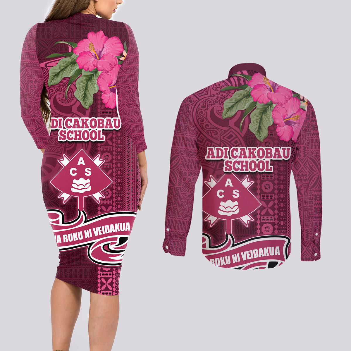 Fiji Adi Cakobau School Couples Matching Long Sleeve Bodycon Dress and Long Sleeve Button Shirt Tropical Flower and Tapa Pattern LT03 - Polynesian Pride