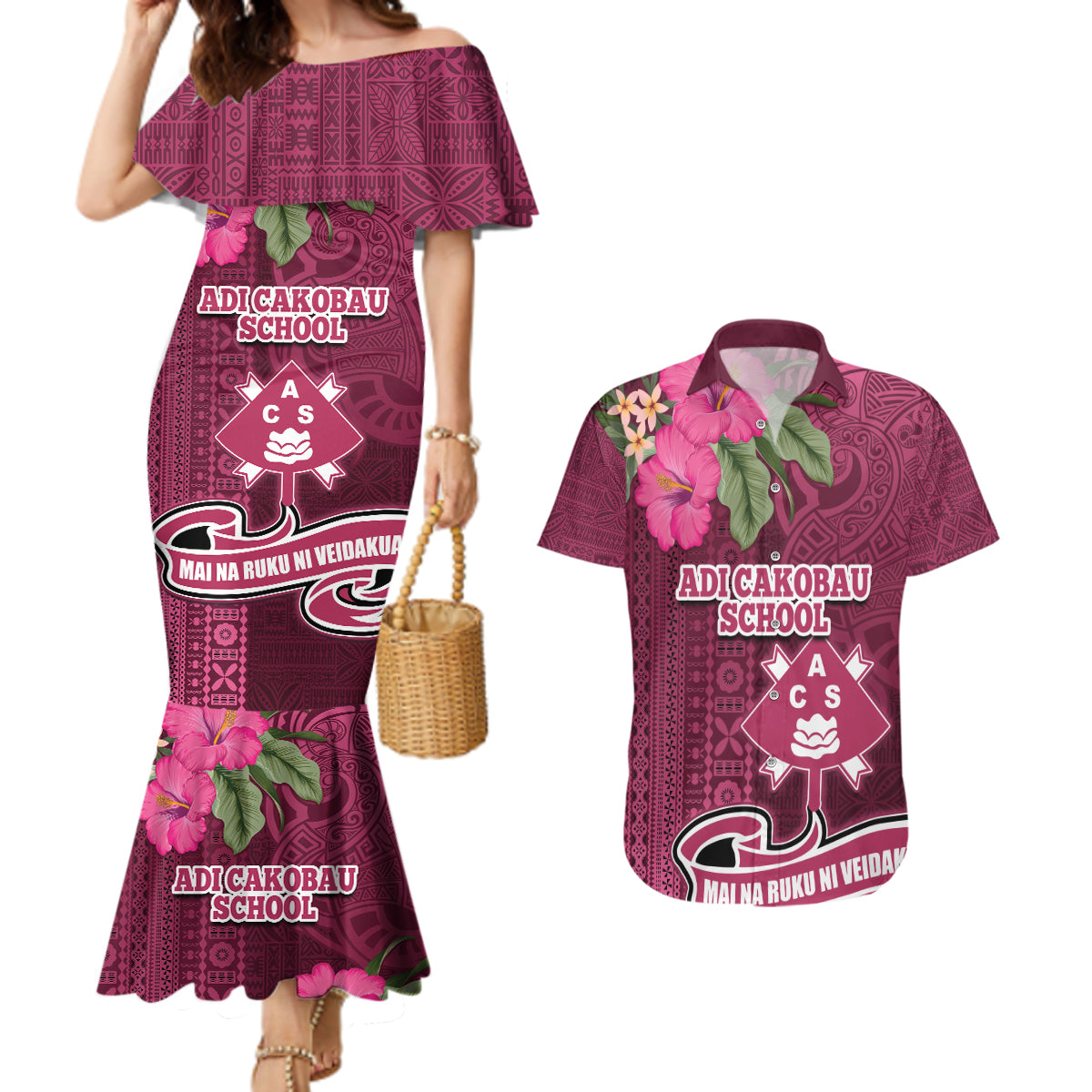 Fiji Adi Cakobau School Couples Matching Mermaid Dress and Hawaiian Shirt Tropical Flower and Tapa Pattern LT03 Pink - Polynesian Pride