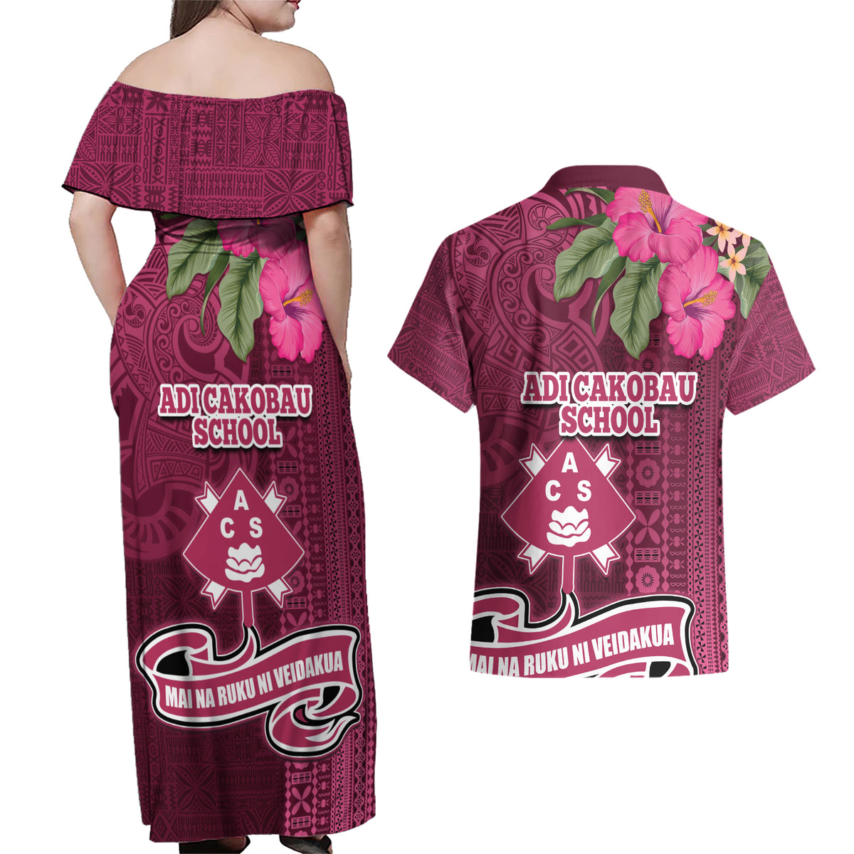 Fiji Adi Cakobau School Couples Matching Off Shoulder Maxi Dress and Hawaiian Shirt Tropical Flower and Tapa Pattern LT03 - Polynesian Pride