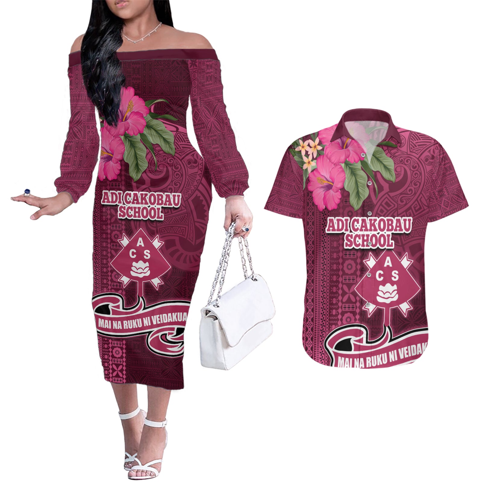 Fiji Adi Cakobau School Couples Matching Off The Shoulder Long Sleeve Dress and Hawaiian Shirt Tropical Flower and Tapa Pattern LT03 Pink - Polynesian Pride