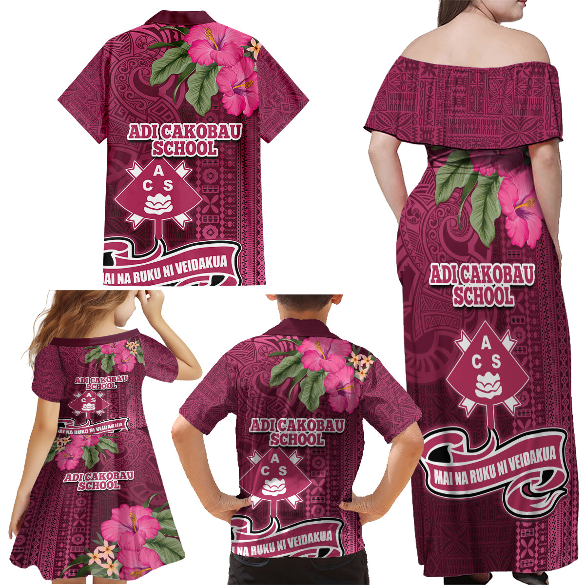 Fiji Adi Cakobau School Family Matching Off Shoulder Maxi Dress and Hawaiian Shirt Tropical Flower and Tapa Pattern LT03 - Polynesian Pride